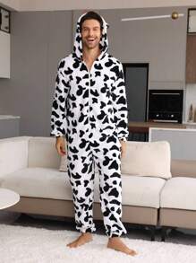 Men's Black & White Minimalist Cow Texture Pattern Fleece Long Sleeve Hooded Jumpsuit Loungewear, Family Matching - Black and White - View 3