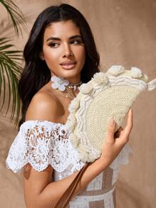 SHEIN VCAY 休闲草编半圆形腕包 - 米色 - 查看 6