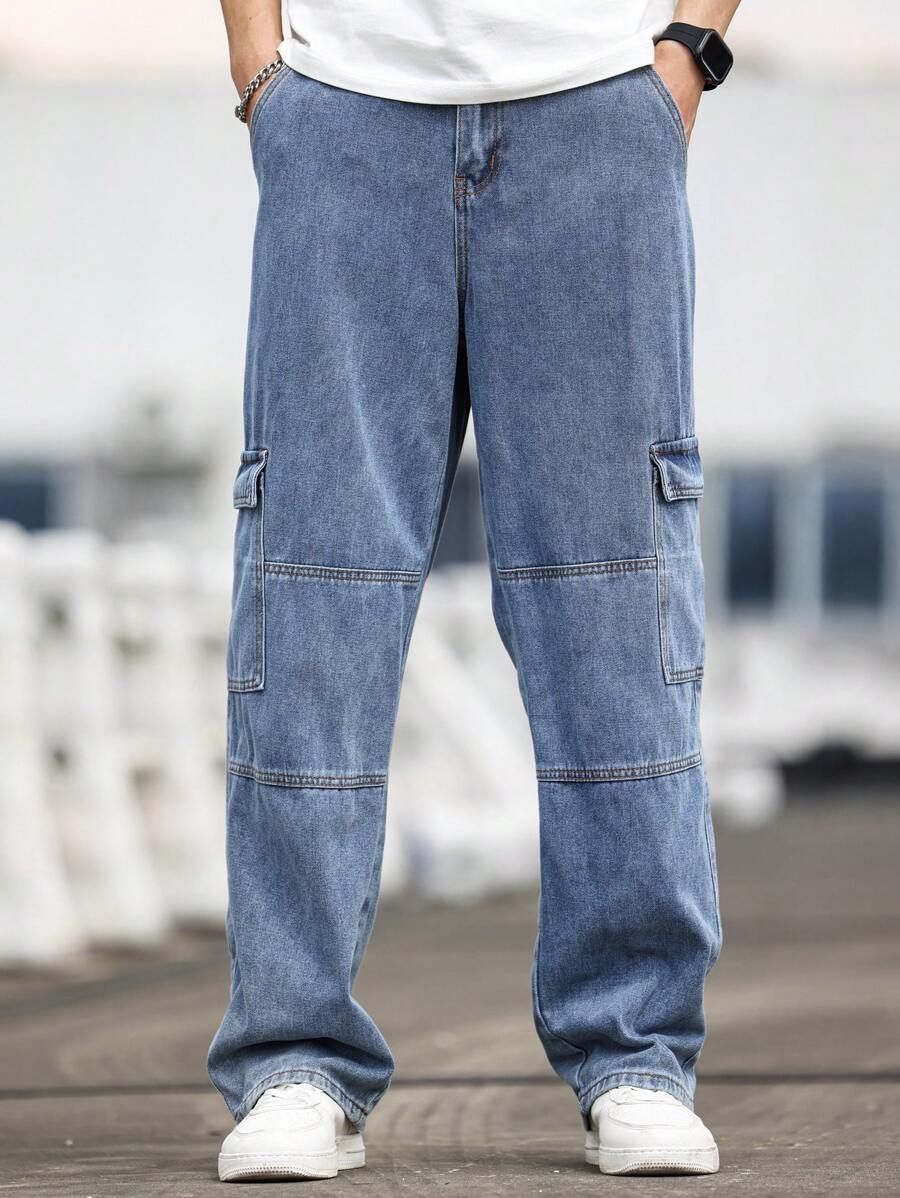 Manfinity Homme Relaxed Fit Men's Cargo Baggy Jeans With Flap Pockets - Blue - View 1