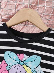 SHEIN Leap Crew Đầm cổ tròn họa tiết sọc đan dễ thương cho bé gái trẻ - Đen và trắng - Xem 4