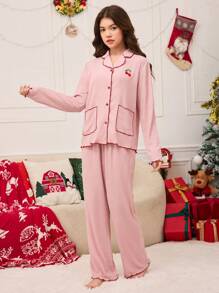 少女睡衣两件套，粉色简约樱桃刺绣长裤和长袖开衫，时尚家居服 - 粉色 - 查看 5