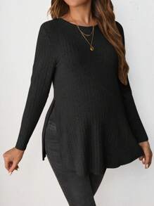 SHEIN 孕妇简单宽松卡其色长袖 T 恤 - 黑色 - 查看 3