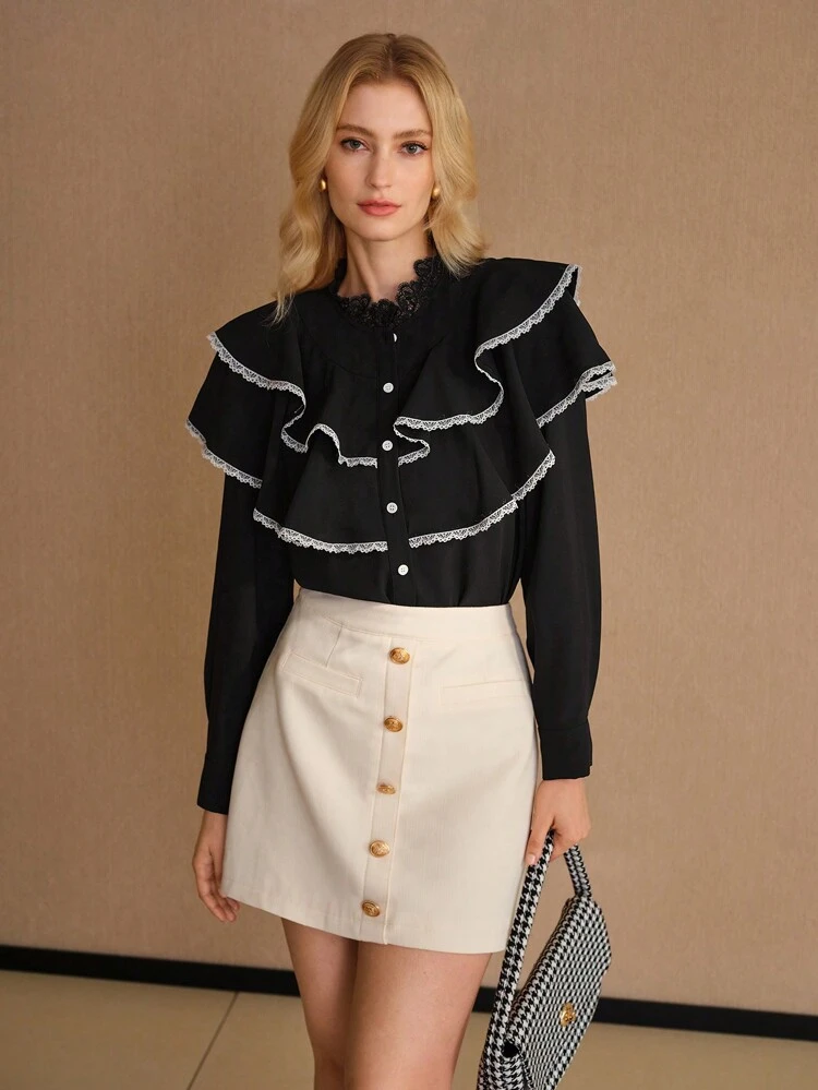 MOTF STUDIO CONTRAST LACE TRIM LAYERED RUFFLE BLOUSE