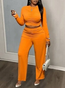 Slaydiva Layr Plus Size Casual Solid Color Fitted Bright Orange Basic Crew Neck Cropped Long Sleeve Top And High Waist Ruched Wide Leg Pants Fall Two Pieces Set