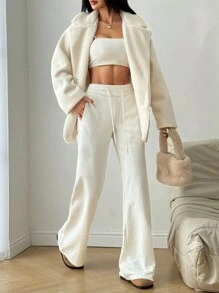 SHEIN Unity Collared Fleece Solid Color Casual Long Sleeve Jacket, Autumn/Winter Fall Cloth For Women - White - View 2