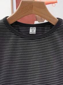 SHEIN 2pcs/Set Tween Boy Soft Velvet Ribbed Pattern Round Neck Long Sleeve Top And Long Pants Sleepwear Set, Warm For Autumn/Winter - Navy Blue - View 3