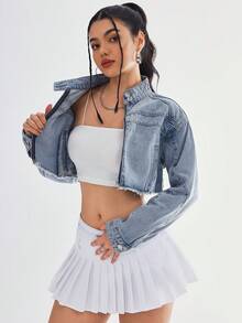 SHEIN EZwear 女士春秋休闲磨边短款牛仔夹克