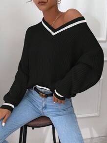 SHEIN Frenchy Women's Casual Loose Fit V-Neck Striped Long Sleeve Pullover Sweater For Autumn Fall Clothes Fall Women Outfits,Long Sleeve Tops Winter Black