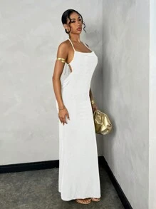 SHEIN BAE 女士纯绿色浪漫假日海滩约会日常简约优雅露背细肩带长裙、正式礼服、露背连衣裙 - 白色 - 查看 3