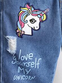 SHEIN Playful Pals Young Girl' Cute Printed, Distressed, Soft Washed Denim Jeans