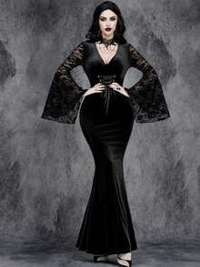 Women Gothic Metal Waist Halloween Sleeve Lace Lace Patchwork Fishtail Dress - Black - View 6