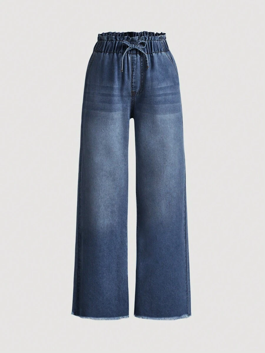 SHEIN Girlism Tween Mädchen Jeans mit weitem Bein, lockere elastische Taille, Schleifendekoration, Blau - Dunkle Waschung - Übersicht 1