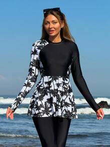 Swim Shayni Women Summer Beach Floral Print Long Sleeve Top And Solid Color Pants Vacation Burkini Two-Piece Outfit Arabic Clothing - Black and White - View 4