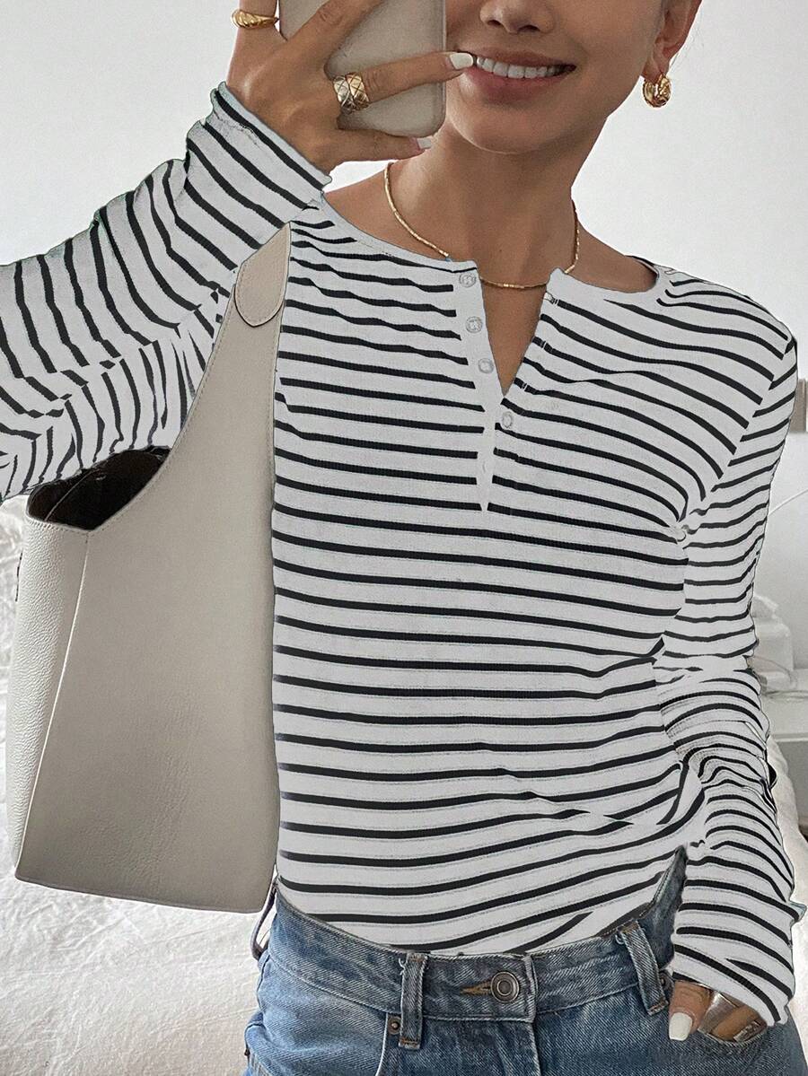 DAZY Áo thun sọc dài tay cài nút phía trước, mặc thường ngày - trắng - Xem 1