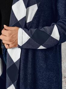 EMERY ROSE Plus Size Women's Plaid Patchwork Open Front Long Casual Jacket, Spring Autumn - Navy Blue - View 7