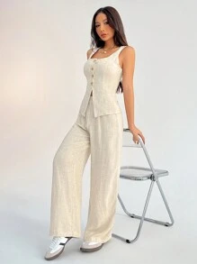 SHEIN PETITE 亚麻布西装背心两件套女时尚纯色纽扣撞色无袖上衣和裤子套装，面料舒适，透气柔软，适合通勤、日常度假穿着 - 卡其色 - 查看 3