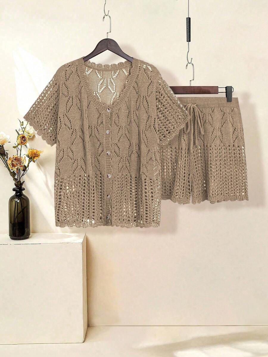 SHEIN LUNE Bộ áo cánh ren khoét lỗ màu trơn cỡ lớn và quần short buộc dây phía trước - Màu Khaki - Xem 1
