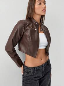 SHEIN x Carly Lawrence SHEIN Unity Jachetă decupată pentru femei, culoare solidă, cu fermoar în față, simplă, din PU - Maro - Vizualizare 4
