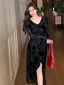 DAZY Women's Tight Split Dress For Autumn & Winter,Ruffle,Fall Women Clothes Long Sleeve Dress - Black - View 4