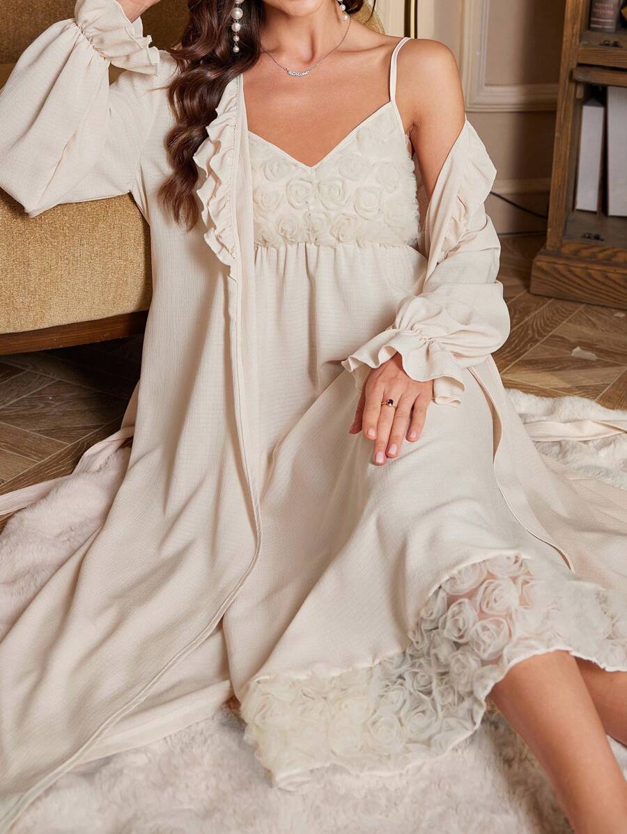PalaceNights 2pcs Set Layered Ruffle Collar Long Sleeve Belted Robe & 3D Rose Slip Sleep Dress Pajama, Fall Winter Clothes - Apricot - View 1