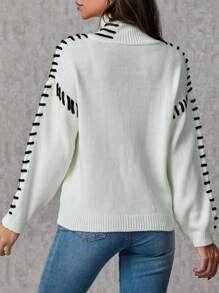 SHEIN Tall Casual Contrast Color Drawstring Stand Collar Sweater, Autumn Winter