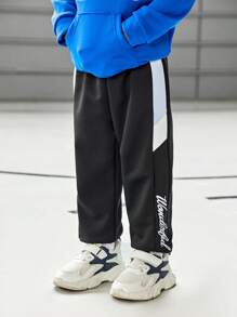 SHEIN Young Boy Patchwork Casual Sports Trousers, Moisture-Wicking, Letter Print, Contrast Color, For School, Street, Running, Basketball - Multicolor - View 3