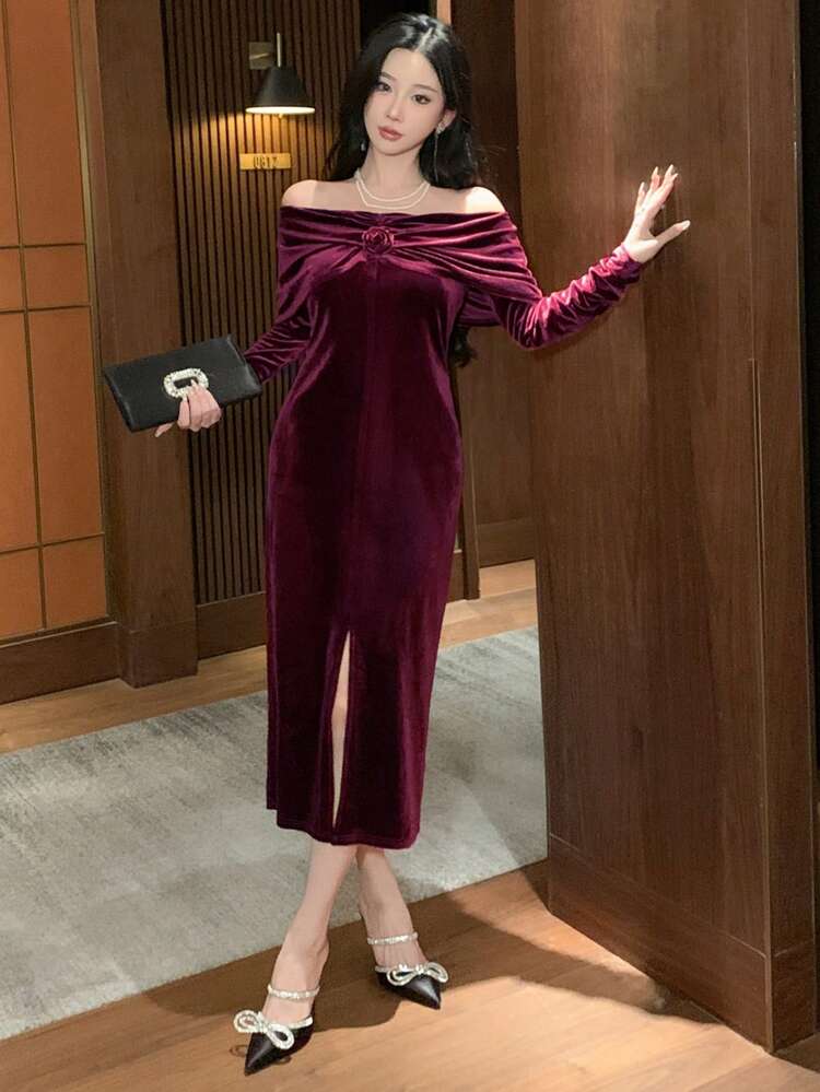 Women's Off-Shoulder Split Floral Midi Dress, Birthday Valentine Valentine's Day Prom Dress,Fall Clothes Long Sleeve Dress Red Women Dresses,New Year Elegant Women Dresses