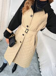 SHEIN Clasi Women's Solid Color Patchwork Front Button Long Sleeve Casual Padded Coat - Khaki - View 1