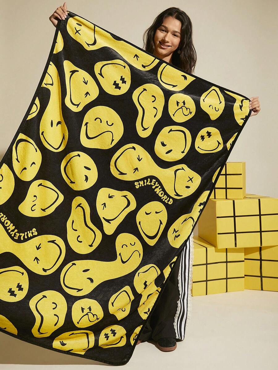 SmileyWorld® | SHEIN Manta de forro polar con estampado integral de expresiones de dibujos animados divertidos - Multicolor - Ver 1
