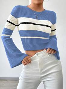 SHEIN Unity Women's Crew Neck Striped Print Contrast Color Long Sleeve Sweater - Blue - View 5