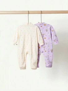 Cozy Pixies 2pcs Newborn Baby Boy Tree, Rabbit & Mushroom Pattern Knit Soft Crew Neck Long Sleeve Romper With Footies Pajama Set - Mauve Purple - View 2