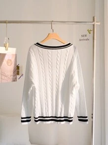 CovetEZ 大码 V 领条纹印花休闲长袖套头衫 - 白色 - 查看 2