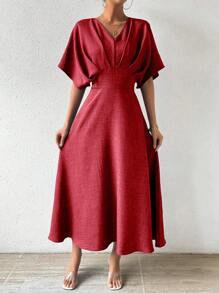 RosyDaze Women's Solid Color Pleated Batwing Sleeve Maxi V-Neck Elegant Vacation Dress Burgundy Color Women Outfit - Burgundy - View 5