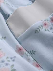 DAZY Floral Patchwork Satin Contrast Shawl Collar Belted Robe & Pants Sleepwear Loungewear Pajama Set, Fall Winter Clothes - Blue - View 9