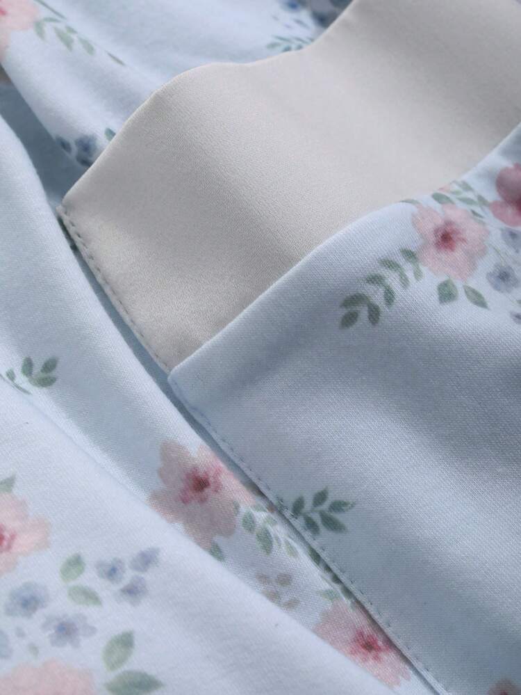 Floral Patchwork Satin Contrast Shawl Collar Belted Robe & Pants Sleepwear Loungewear Pajama Set, Fall Winter Clothes