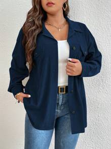 SHEIN LUNE Chaqueta informal de ajuste holgado de unicolor, talla grande, para primavera y otoño - Azul Marino - Ver 3