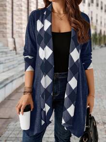 EMERY ROSE Plus Size Women's Plaid Patchwork Open Front Long Casual Jacket, Spring Autumn - Navy Blue - View 2