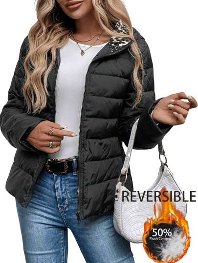 SHEIN LUNE Giacca leggera in piuma da donna - Nera con pannelli stampati a motivo di ghepardo, calda e confortevole