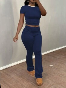 Women's Solid Color Casual Short Sleeve T-Shirt And Fold-Over Waist Long Pants Set - Navy Blue - View 4