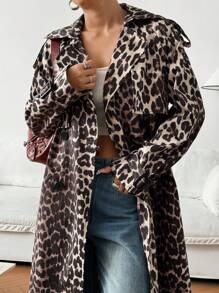 SHEIN EZwear Women's Casual Leopard Print Trench Coat, Autumn - Multicolor - View 4