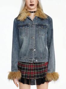 ROMWE Kawaii 女式复古 Y2K 风格豹纹蓬松领拼布牛仔夹克外套 - 藍色 - 查看 2