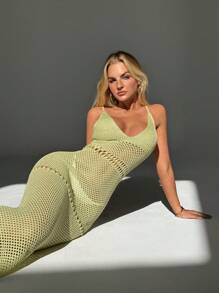 Aloruh Women's Vacation Beach Cover Up Dress, Summer Knitting Geometric Spaghetti Strap Deep V High Slit Hollow Out Super Long Green Dress - Green - View 6