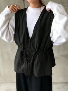 FRIFUL Women's Casual Zip-Up Waist Fitted Vest Jacket For Spring/Fall
