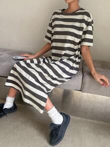 DAZY 女士条纹圆领宽松长款短袖连衣裙太阳裙