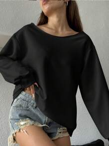 SHEIN EZwear Plus Size Women's Black Off-Shoulder Loose Solid Color Casual Long Sleeve Sweatshirt, Versatile For Autumn/Winter,Fall Clothes For Women