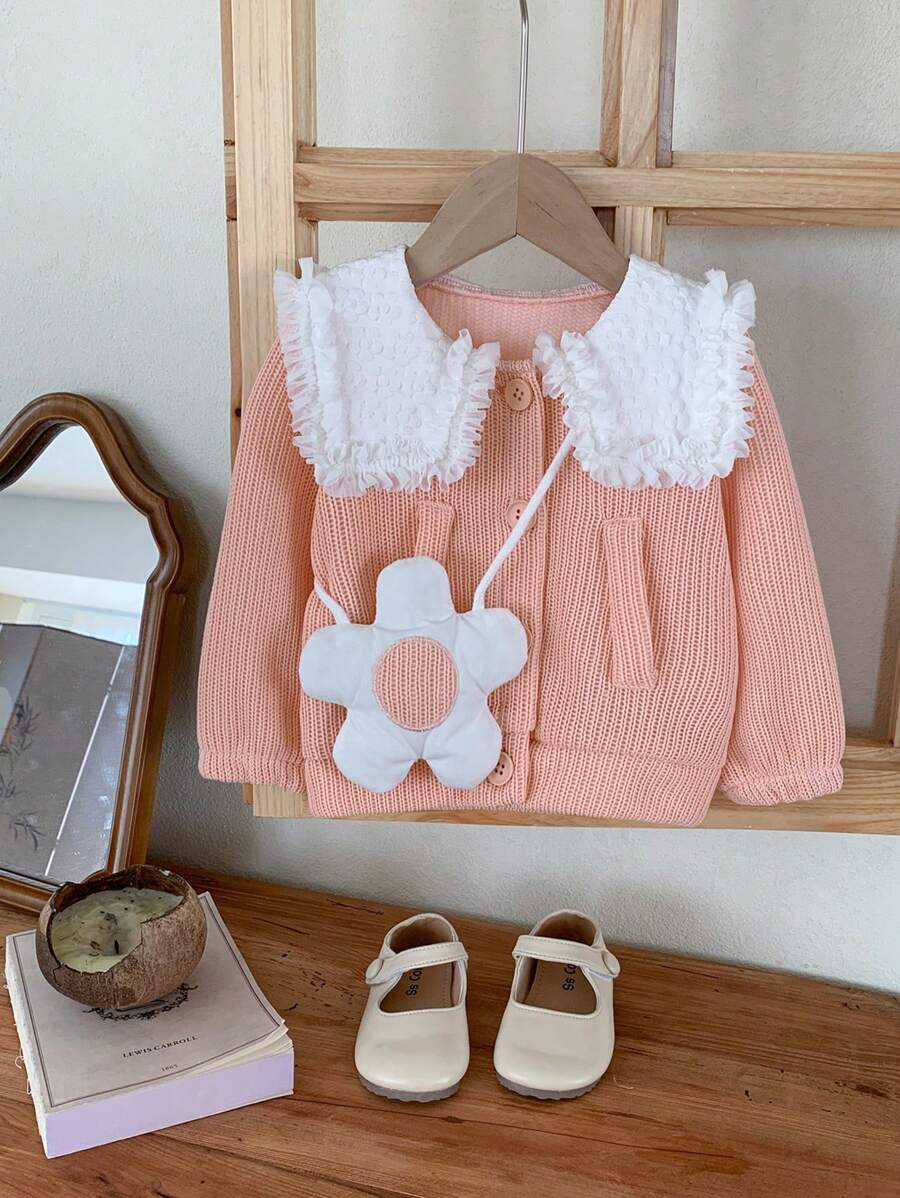 SHEIN Baby Girls' Jacquard Collared Jacquard Bomber Jacket With Handbag, Spring Autumn - Pink - View 1