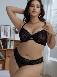 Plus Size Women Sexy Lingerie Set, Floral Lace & Criss-Cross Design, 2pcs