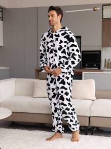Men's Black & White Minimalist Cow Texture Pattern Fleece Long Sleeve Hooded Jumpsuit Loungewear, Family Matching - Black and White - View 4