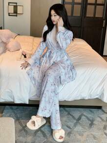 DAZY Floral Patchwork Satin Contrast Shawl Collar Belted Robe & Pants Sleepwear Loungewear Pajama Set, Fall Winter Clothes - Blue - View 7