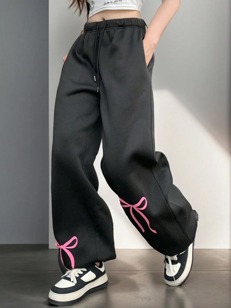 Women Drawstring Waist Butterfly Print Flower Hem Loose Casual Trousers
